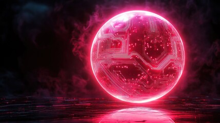 Glowing neon pink sphere with circuit board pattern floating above reflective surface in a dark smoky environment