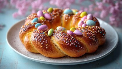 Braided golden brown sweet bread wreath decorated with colorful candy eggs and multicolored sugar sprinkles on a white plate with delicate pink flowers in the background