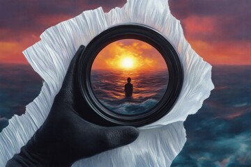 Hand in black glove holding a torn white paper framing a camera lens showing a silhouette of a person in the ocean at sunset with vibrant orange and purple sky