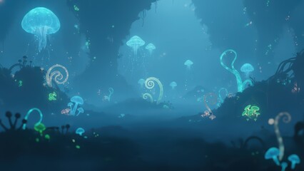 A magical underwater world where bioluminescent plants and jellyfish glow in the deep blue abyss