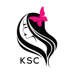 KSC Elegant Woman Hair Logo with Butterfly. KSC Beauty Salon, Hairdresser & Feminine Brand Identity KSC Modern Beauty Design.
