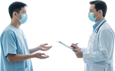 Doctor and patient wearing masks discuss medical results on a clipboard isolate health hospital care