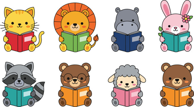 Cute cartoon animals reading books in adorable sitting poses for children&rsquo;s education, learning materials, school designs and illustrations