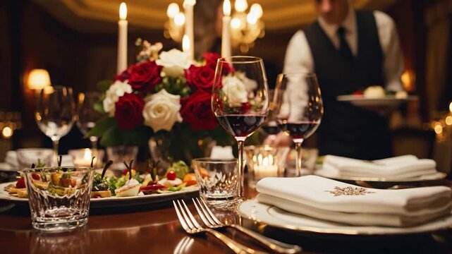Elegant dinner table setting with red and white roses