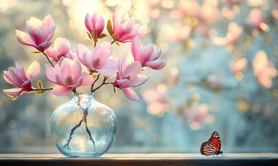 Delicate pink magnolia flowers in a round glass vase alongside a vibrant orange and black butterfly on a wooden surface with a softly blurred floral background © Donna