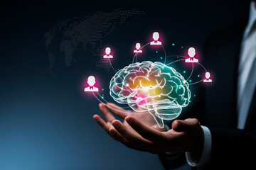 Businessman holding glowing brain with network connections