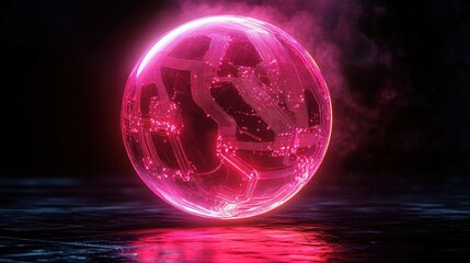 Glowing futuristic sphere with neon pink circuitry patterns floating above a reflective dark surface emitting a mysterious and high-tech ambiance