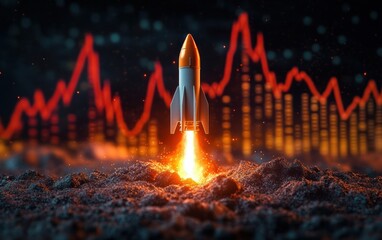 A small rocket launching from rocky terrain with bright flames and sparks against a dark background featuring a glowing red fluctuating line graph
