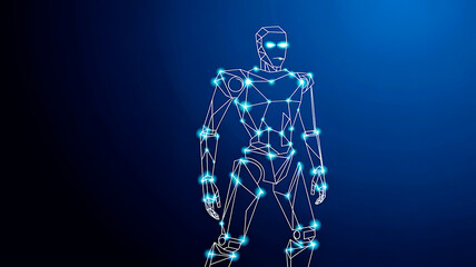Humanoid robot with glowing blue lines and nodes on dark background