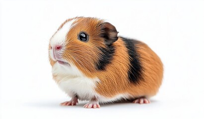 close-up of a small tricolor guinea pig with white, brown, and black fur looking upwards on a white background