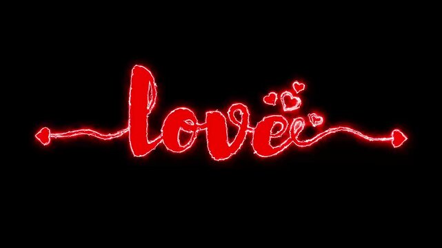 Vibrant red neon love script with glowing hearts elegantly illuminated on a striking black background