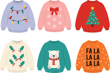 Cute Christmas sweater vector set featuring festive patterns, holiday decorations, winter clothing designs and adorable seasonal illustration elements