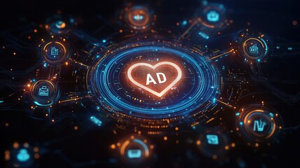 Futuristic digital interface with a glowing heart symbol labeled AD surrounded by technology icons and circuitry in vibrant blue and orange hues conveying advanced digital connectivity
