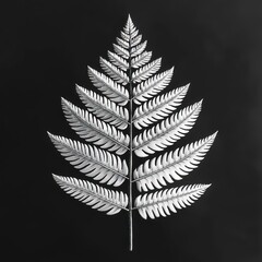 Naklejka premium Detailed close-up of a silver-colored fern leaf with symmetrical leaflets against a solid black background
