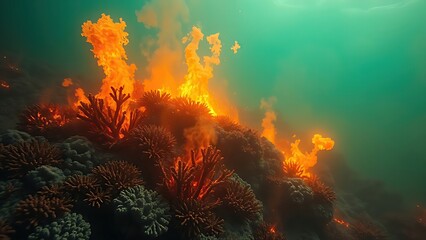 A terrifyingly beautiful underwater scene where the coral reef is consumed by an acidic neon-green and orange haze.
