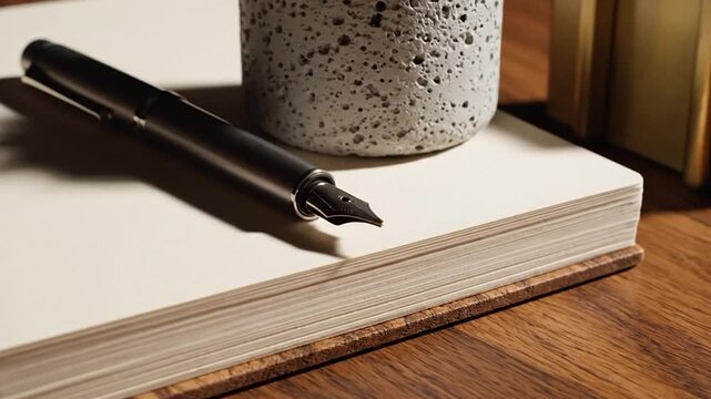 A fountain pen on a notebook with a potted plant