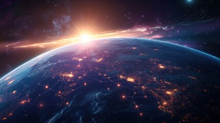 View of Earth from space with a glowing sunrise over the horizon and illuminated network connections across continents, symbolizing global connectivity and technology