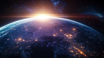 A glowing planet Earth viewed from space at sunrise with interconnected bright lights representing global communication networks across continents