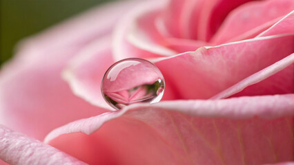 Macro photograph of a delicate pink rose petal with a perfect water droplet reflecting a blurred background