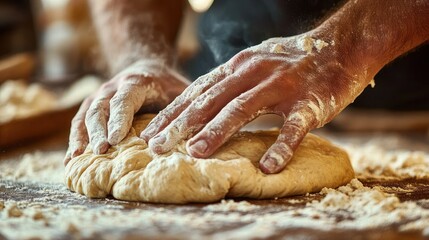 Close-up of hands kneading dough on a floured wooden surface with steam rising, capturing a warm and focused baking moment