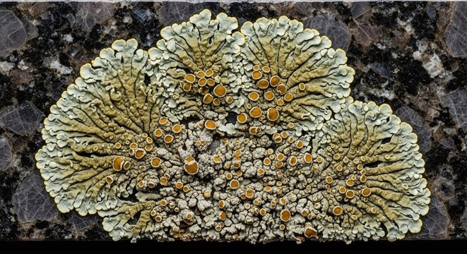 Closeup of a foliose lichen, likely xanthoria elegans, with yelloworange apothecia growing on dark, speckled granite rock surface