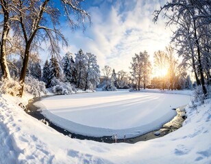 Frozen pond blanketed by snow, bordered by trees under a sunny, partially cloudy, blue sky