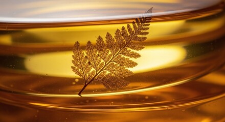 Closeup of a fern leaf fossilized inside a piece of amber resin, showing intricate detail illuminated by light