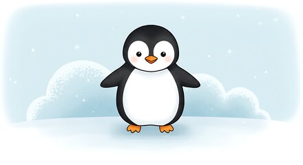 Adorable cartoon penguin stands on snowy ground against a light blue, wintery background