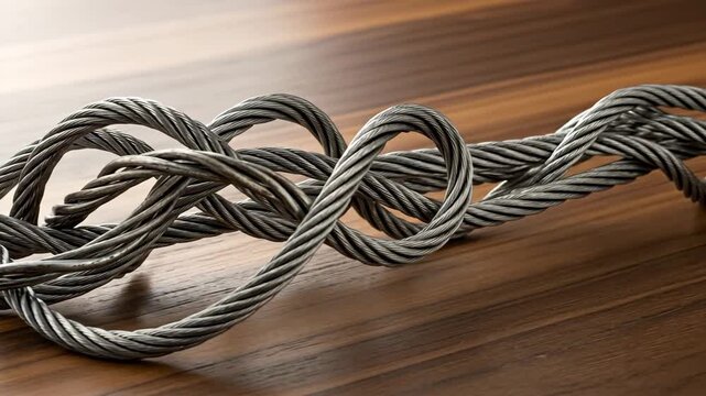 Tangled Steel Cable on Wooden Surface - Industrial Strength and Texture.
