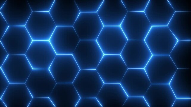 Abstract Colorful Glowing neon line Wall of Random shifted neon honeycomb hexagon background metaverse, hexagon technology ,streaming concept. 4K Video motion graphic animation .Video overlay 4k