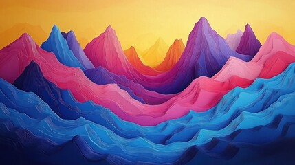 Colorful stylized mountain landscape with layers of blue, pink, and purple peaks under a warm yellow sky, evoking a serene and vibrant atmosphere