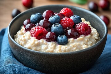 Close-up of a bowl of creamy oatmeal topped with fresh blueberries, raspberries, and cherries on a blue cloth