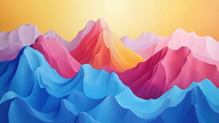 Colorful stylized layered mountain landscape with smooth flowing contours under a soft yellow sky creating a calm and serene mood