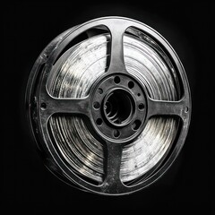 Close-up of a vintage metal film reel with shiny film strip tightly wound, displayed against a black background evoking a nostalgic and classic mood