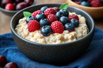 Creamy oatmeal topped with fresh blueberries and raspberries in a dark bowl set on a blue cloth