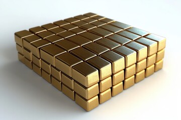 Metallic gold cubes arranged in a neat rectangular grid showcasing shiny and smooth texture under soft lighting