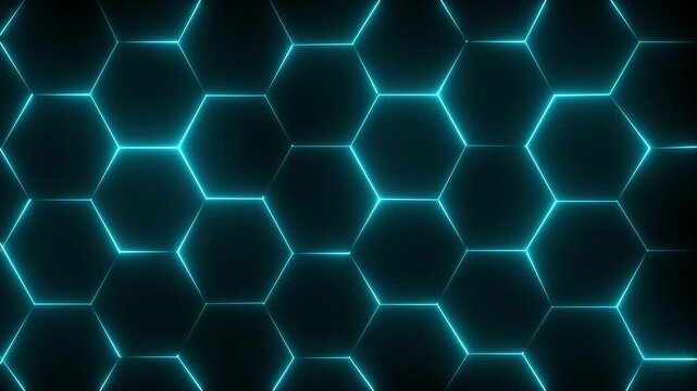 Abstract Colorful Glowing neon line Wall of Random shifted neon honeycomb hexagon background metaverse, hexagon technology ,streaming concept. 4K Video motion graphic animation .Video overlay 4k