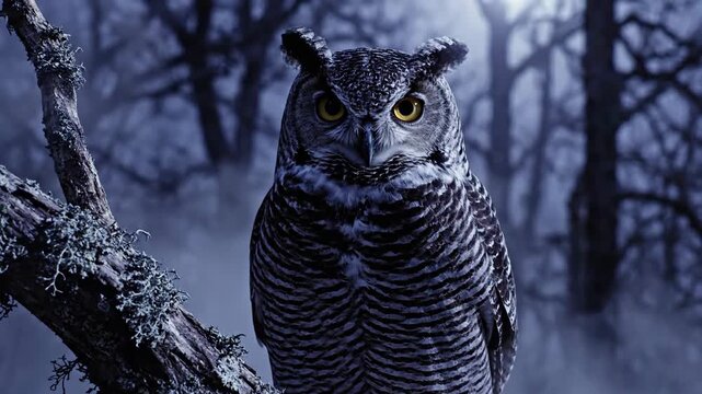 A Great Horned Owl Perches Silently on a Moonlit Branch in a Misty, Nocturnal Forest