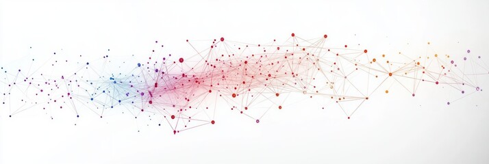 Abstract connected network of multicolored nodes and lines forming a flowing, web-like structure on a white background, evoking complexity and interconnectedness