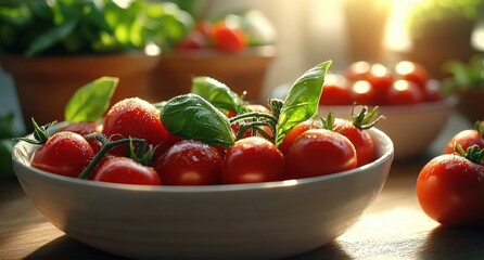 Close-up of fresh cherry tomatoes with basil leaves in a white bowl, sunlit on a wooden surface with soft background bokeh
