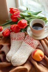 Cozy scene with knitted socks, red tulips, cup of coffee, and peach on soft brown fabric near a window with natural light
