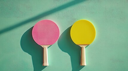 Two colorful ping pong paddles with pink and yellow rubber surfaces casting long shadows on a textured mint green wall