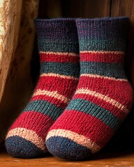 Pair of warm, knitted socks with horizontal red, green, black, and beige stripes placed on a wooden surface next to a patterned curtain, evoking a cozy and homely feeling