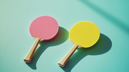 Two colorful table tennis paddles with wooden handles casting shadows on a light teal surface