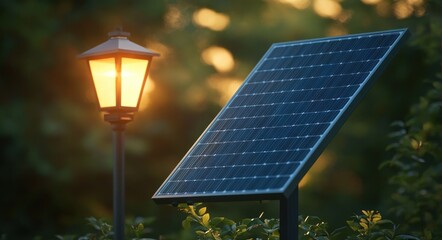 Solar panel angled towards the light of a softly glowing street lamp surrounded by green foliage at dusk