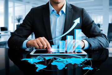 Businessman Using Tablet with Global Data Visualization and Upward Bar Chart Symbolizing Growth and Analytics