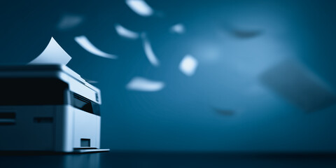A modern office printer, with fresh sheets of paper floating. Illustrating the dynamic and important role of communication in the business.