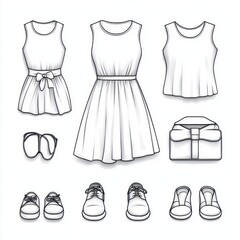 Naklejka premium Set of white women's clothing and accessories including two dresses, a sleeveless top, three pairs of shoes, a handbag, and sunglasses displayed on a white background