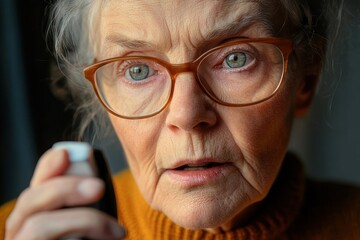 Elderly woman with glasses looking intently at a device in her hand with a concerned or focused expression