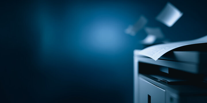 A close-up shot of a modern printer, capturing the dynamic moment when sheets of paper are ejected, embodying the essence of efficient office technology.